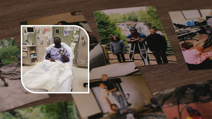 Photos of MACI patient Gabe throughout his treatment journey, including him sitting in a hospital bed, on crutches and stretching his knee with his child.