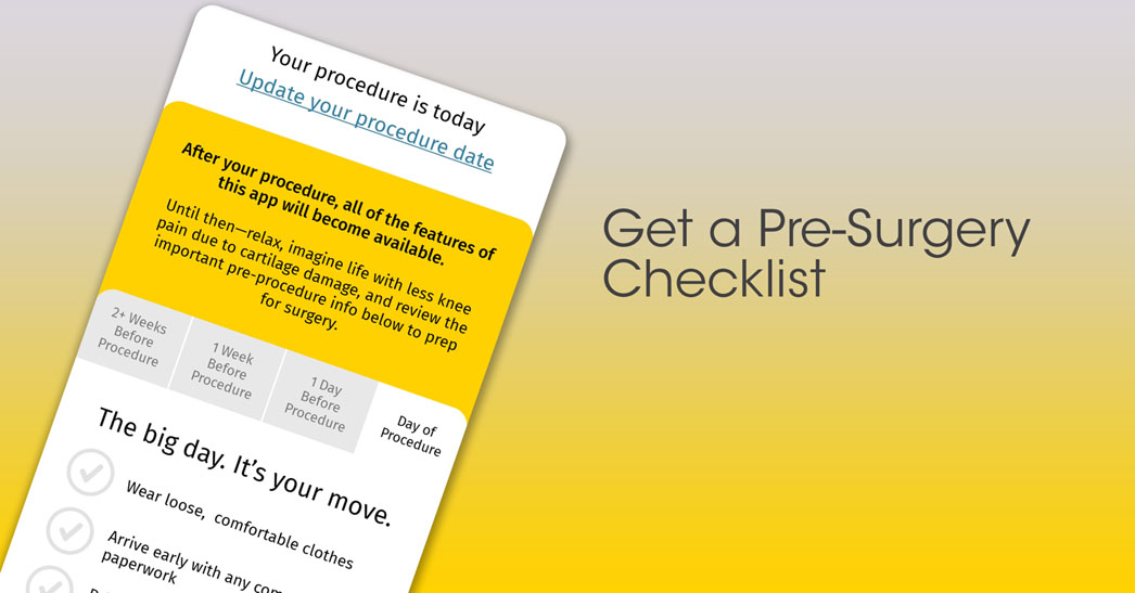 The My MACI app provides a pre-procedure checklist that covers two or more weeks before the procedure up until the day of surgery.